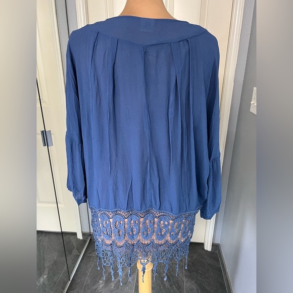 Mindset by XCVI Blue Dolman Fringe Lagonlook Boho Minimalist Top - Picture 3 of 8